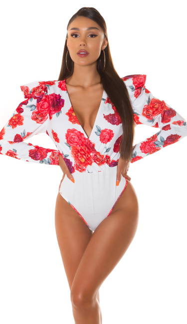 Sexy langmouw bodysuit met bloemen-print wit